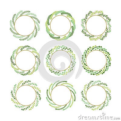 Green and golden twisted leaves Christmas wreaths set design elements on white background Vector Illustration