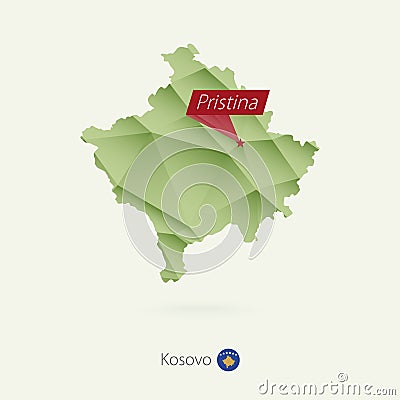 Green gradient low poly map of Kosovo with capital Pristina Vector Illustration