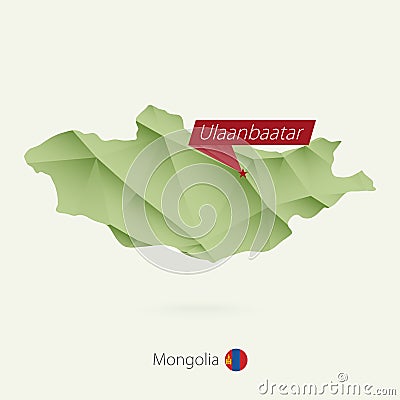 Green gradient low poly map of Mongolia with capital Ulaanbaatar Vector Illustration