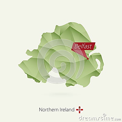 Green gradient low poly map of Northern Ireland with capital Belfast Vector Illustration