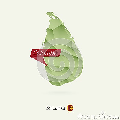 Green gradient low poly map of Sri Lanka with capital Colombo Vector Illustration