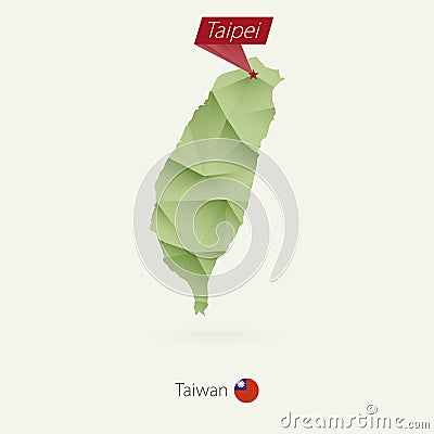 Green gradient low poly map of Taiwan with capital Taipei Vector Illustration