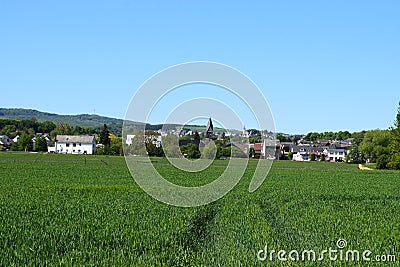 green grainf ield with village ThÃ¼r including the old stone church Stock Photo