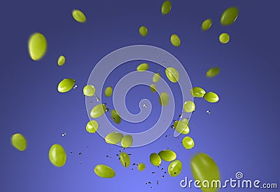 Green grapes flying with water on a purple background Stock Photo