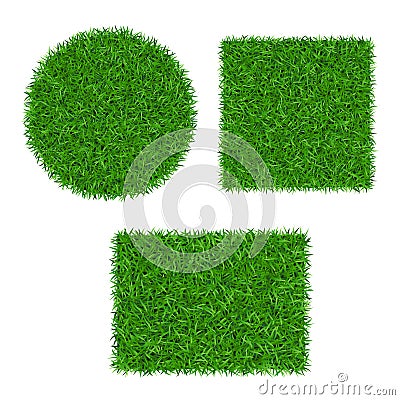 Green grass background 3D set. Lawn greenery nature ball. Abstract soccer field texture circle, square, rectangle Vector Illustration