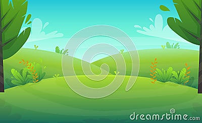 Green grass barbeque grill at park or forest trees and bushes flowers scenery background , nature lawn ecology peace vector illust Vector Illustration