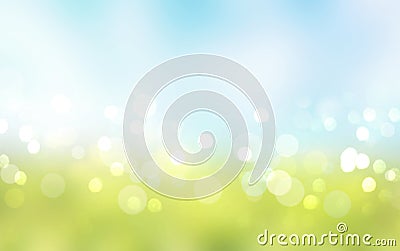 Green grass blue sky blurred bokeh background.Nature landscape defocused backdrop Cartoon Illustration