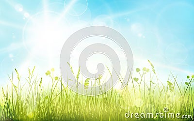 Green grass, blue sky, spring blurred bokeh background Vector Illustration