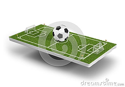 Green grass 3d soccer field and football ball background. Football stadium game 3d object area. Perspective view of Stock Photo
