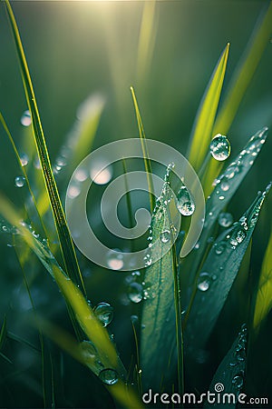 Green grass with dew drops in the morning. Nature background. Stock Photo