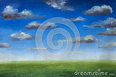 Green grass field, blue sky with clouds, oil painting, nobody, spring landscape, summer landscape, nature, skyline. Stock Photo