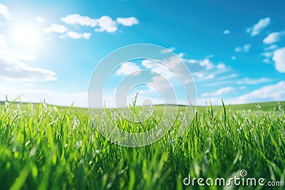 Green grass field and blue sky with clouds. Spring nature background Stock Photo