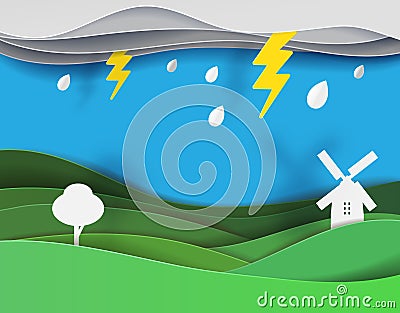 Green grass field and wind turbine landscape with rain vector p Vector Illustration