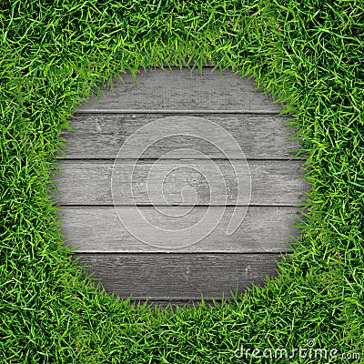 Green grass frame and vintage wood background. Stock Photo