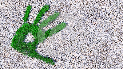 Green grass handprint on gravel background Cartoon Illustration