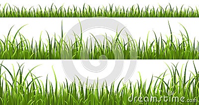 Green grass horizontal borders. Lawn shape meadow landscape collection, panorama summer nature herbs, bright hedge pattern, spring Vector Illustration