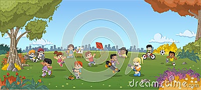 Green grass landscape with cute cartoon kids playing. Vector Illustration