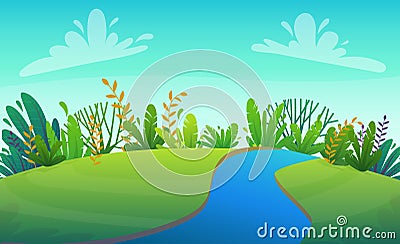 Green grass lawn river at park or forest trees and bushes flowers scenery background , nature lawn ecology peace vector illust Vector Illustration