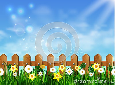 Green grass lawn with sunrise on blue sky Vector Illustration