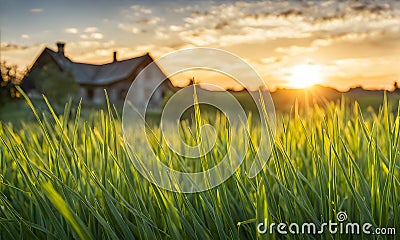 Green grass in a wide meadow, country house in the background, artistically blurred Stock Photo