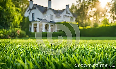 Green grass in a wide meadow, country house in the background, artistically blurred Stock Photo