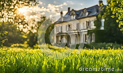 Green grass in a wide meadow, country house in the background, artistically blurred Stock Photo