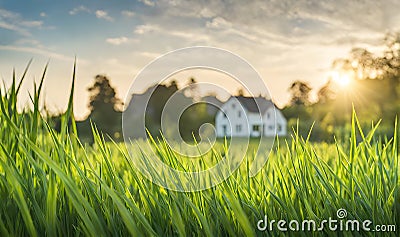 Green grass in a wide meadow, country house in the background, artistically blurred Stock Photo