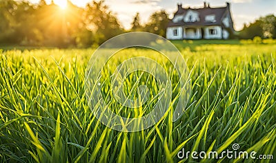 Green grass in a wide meadow, country house in the background, artistically blurred Stock Photo