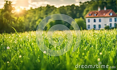 Green grass in a wide meadow, country house in the background, artistically blurred Stock Photo