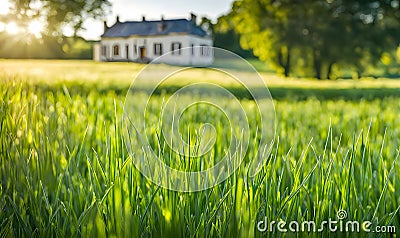 Green grass in a wide meadow, country house in the background, artistically blurred Stock Photo