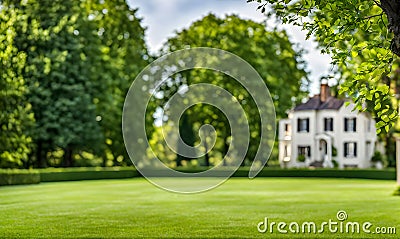 Green grass in a wide meadow, country house in the background, artistically blurred Stock Photo