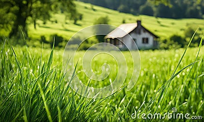 Green grass in a wide meadow, country house in the background, artistically blurred Stock Photo