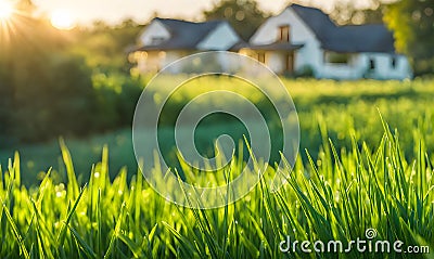 Green grass in a wide meadow, country house in the background, artistically blurred Stock Photo