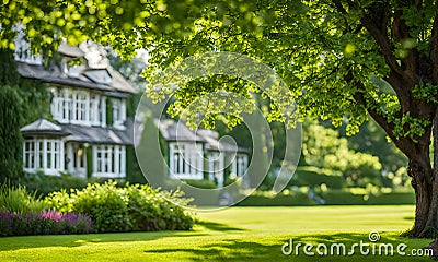 Green grass in a wide meadow, country house in the background, artistically blurred Stock Photo