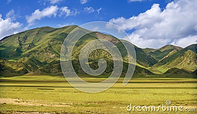 Green grassland, mountains, blue sky and white clouds Stock Photo