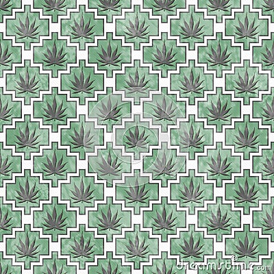 Green, Gray and White Marijuana Tile Pattern Repeat Background Stock Photo