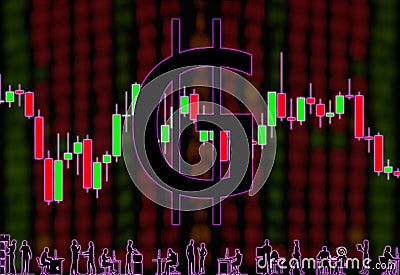 Green GRE cryptocurrency. Background of blurry numbers and candlestick chart. Silhouettes of office workers Stock Photo