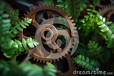 Green growing plants emerging from the center of rusty gear wheels, symbolizing the balance between nature and industry Stock Photo