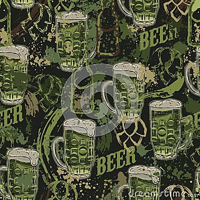 Green grunge camouflage pattern with beer glass Vector Illustration