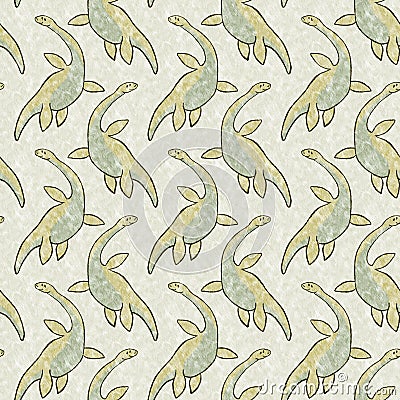 Green hand drawn plesiosaur dinosaur seamless pattern. Gender Neutral Jurassic fossil silhouette for baby nursery Stock Photo