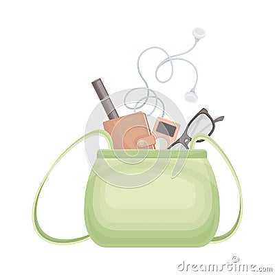 Green handbag full of typical woman things and accessories vector illustration Vector Illustration
