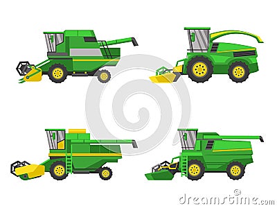 Green harvesting machine agricultural vehicles harvesting combine set, vector isolated on white background flat style Vector Illustration