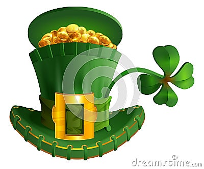 Green hat full gold coin and luck leaf clover. St. Patrick`s Day symbol accessory Vector Illustration