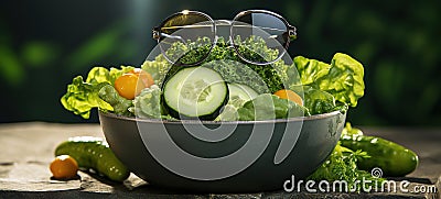 A Green and Healthy Salad with Glasses: A Refreshing and Nutritious Meal Stock Photo