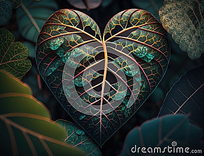 Green heart made by foliage that represents environmental protection created with Generative AI technology Stock Photo