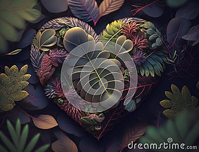 Green heart made by foliage that represents environmental protection created with Generative AI technology Stock Photo