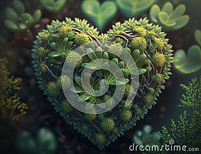 Green heart made by foliage that represents environmental protection created with Generative AI technology Stock Photo
