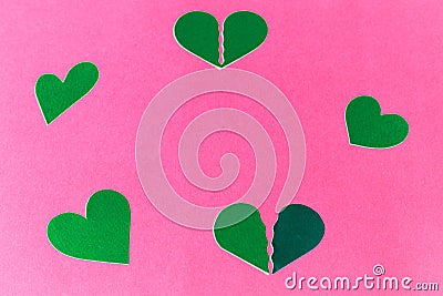 Green hearts on a pink backround- in a circle, Stock Photo