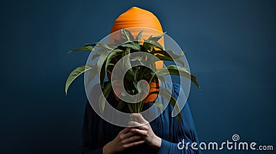 Green Heat Therapy: A Woman's Journey With An Orange Head Mask Stock Photo