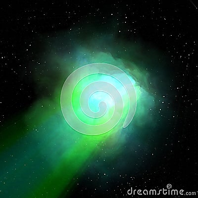 Green heaven aura lights and stars shiny movement moment in the deep dark cosmos with interlaced digital glitch and energy Stock Photo